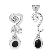 Swirling Ethnic Dangling Drop Stud Silver Earrings w/ Blaxk Onyx - e166